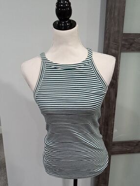 Loft High Scoop Neck Racerback Style Green & White Striped Knit Top Size S